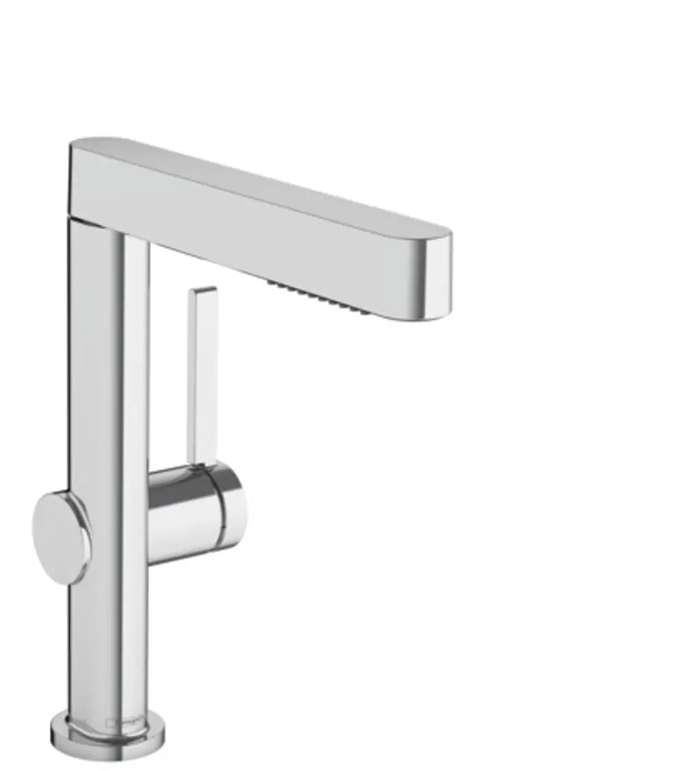 Hansgrohe Einhebel-Waschtischmischer aus verchromtem Material mit Ausziehbrause und Push-Open Ablaufgarnitur. Moderne, klare Linienführung.